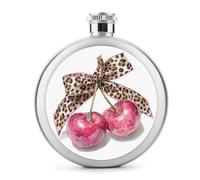 Flasque en acier inoxydable avec deux cerises roses avec nœud en ruban léopard pour liqueur, bouteille de vin portable pour boisson 150 ml