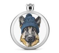 Flasque en acier inoxydable avec motif berger allemand portant un bonnet en tricot bleu pour liqueur, poche ronde, bouteille de vin portable pour boisson, 150 ml