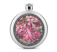 Flasque en acier inoxydable avec ruban rose contre le cancer du sein, fleurs et papillons, flasque pour liqueur, poche ronde, portable pour boisson, 150 ml