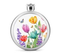 Flasque en acier inoxydable avec tulipes colorées, violettes, lavande et papillons, pour liqueur, bouteille de vin portable pour boisson 140 ml