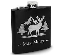 Flasque en acier inoxydable noir - Gravure au laser personnalisable - 170 ml - Idée cadeau pour homme, papa ou cadeau pour un ami - Motif cerf avec sapins