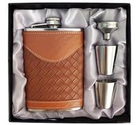 Flasque en cuir pour homme de 237 ml,Ensemble cadeau,Flasque en acier inoxydable 304 avec entonnoir,Joli cadeau pour whisky, rhum, témoin d'honneur, mariage, camping,Motif rayures marron,227 ml