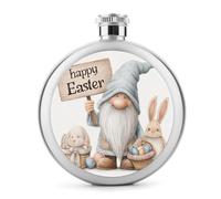Flasque ronde portable en acier inoxydable avec motif de nain de Pâques avec lapin tenant un signe - 140 ml