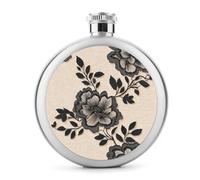 Flasque ronde portable en acier inoxydable avec motif dentelle et pétales de fleurs sur fond beige, 140 ml