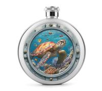 Flasque ronde portable en acier inoxydable avec tortue de mer et poisson coloré pour boissons 140 ml