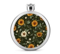 Flasque ronde portable en acier inoxydable avec tournesols jaunes et marguerites blanches, 140 ml