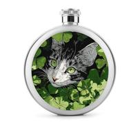 Flasque ronde portable en acier inoxydable pour la Saint-Patrick, motif chat mignon dans les trèfles 140 ml