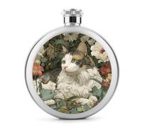 Flasque ronde portable en acier inoxydable pour liqueur, motif chat gris et fleur, 140 ml