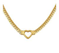 Flat Cuban Link Chunky Chain Necklace Gold Stainless Steel Hollow Heart Charms Choker Clavicle Jewelry for Women Teen Girls (Gold)