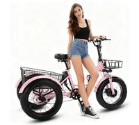 flatpincololee Tricycle Électrique pour Adultes Tout-Terrain 20"x4.0" - Batterie Amovible 48V 13Ah, Moteur 500W, Amortisseur, Pneu Large, Panier de Chargement, Phare LED Pink