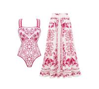 FLAXMAKER Maillot de Bain Une pièce et Jupe à Motifs entrelacés de la série Lily and Majolica (FR/ES, Alpha/Lettres, Moyen, Taille Normale, Taille Normale, Rouge # 2)