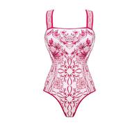FLAXMAKER Maillot de Bain Une pièce et Jupe à Motifs entrelacés de la série Lily and Majolica (FR/ES, Alpha/Lettres, Grand, Taille Normale, Taille Normale, Rouge # 1)