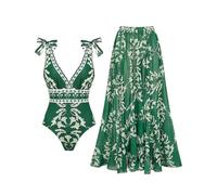 FLAXMAKER Maillot de bain une pièce et jupe/sarong avec col en V bleu et blanc, broderies de plantes en lacets, Taille S