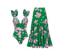 FLAXMAKER Maillot de bain une pièce et jupe/sarong avec col en V bleu et blanc, broderies de plantes en lacets, Taille S