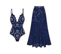 FLAXMAKER Maillot de Bain Une pièce Femme Petal Hollow décolleté en V et Jupe/Bleu/M