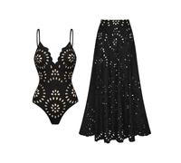 FLAXMAKER Maillot de Bain Une pièce Femme Petal Hollow décolleté en V et Jupe (FR/ES, Alpha/Lettres, Grand, Taille Normale, Taille Normale, Noir # Maillot de Bain et Jupe)