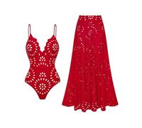 FLAXMAKER Maillot de bain une pièce pour femme avec col en V et jupe, Maillot de bain et jupe rouges, Taille L
