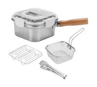 FLCPJGV 4 Pièces Friteuse Japonaise Casserole Multifonction Poêle Carrée avec Panier En Acier Inoxydable Compacte pour Frire Des Aliments En Camping, Blanc