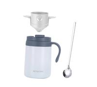 FLCPJGV Ensemble Cafetière à Filtre, Tasse à Café En Acier Inoxydable de 500 Ml avec Couvercle et Cuillère, Idéal pour La Randonnée et Le Trekking, Blanc