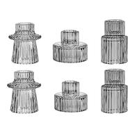 FLCSIed Lot de 6 bougeoirs en verre gris, conique, pilier et bougie chauffe-plat, design rayé moderne, verre transparent lourd, parfaits pour les fêtes, mariages et occasions