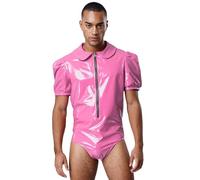 Fldy Body à effet mouillé pour homme - Costume de soubrette en cuir vernis - Costume de carnaval - Rose - Taille 3XL
