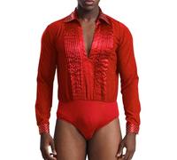 Fldy Body pour homme - Une pièce - Manches longues - Pour la danse - Samba - Latine - Col en V - Chemise à volants en satin - Costume de danse - Leotard, rouge, L