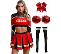 Fldy Costume de cheer leader pour femme - À manches longues - Uniforme de pom-pom girl avec pompons - Crop top et mini jupe - Bandeau harar - Pour Halloween - Costume de carnaval - Bas rouges et noirs