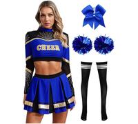 Fldy Costume de cheer leader pour femme - À manches longues - Uniforme de pom-pom girl avec pompons - Crop top et mini jupe - Bandeau harar - Costume d'Halloween - Carnaval - Bas bleus et noirs -