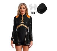 Fldy Costume de cirque pour femme - Accessoires à paillettes - Costume de dompteur - Costume de directeur de cirque - Ensemble body pour Halloween, carnaval, danse, fête, sortie - Noir - Taille 3XL
