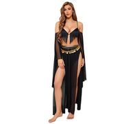 Fldy Costume de Cléopâtre pour femme - Costume d'Halloween - Carnaval - Danse du ventre - Vêtements de danse égyptienne - Soutien-gorge à paillettes - Jupe longue fendue - Noir - Taille S