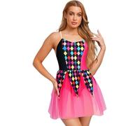 Fldy Costume de clown pour femme - Tenue de cirque - Carnaval - Halloween - Costume d'Insane Hatter - Cosplay - Fête à thème - Tutu - Robe de danse - Rose vif - Taille S