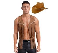 Fldy Costume de cowboy pour homme - Ensemble d'accessoires hippie - Franges en daim - Chapeau en cuir - Shérif Ranger Rodéo - Jeu de rôle - Costume de carnaval, marron, XL