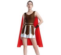 Fldy Costume de guerrière romaine pour femme - Robe de gladiatrice - Cape - Manchettes - Ensemble d'Halloween et de carnaval - Marron - Taille L