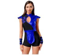 Fldy Costume de ninja pour femme - Uniforme de combattant à paillettes - Costume d'Halloween - Costume de carnaval - Tenue de fête à thème - Bleu roi - Taille M