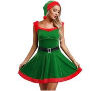 Fldy Costume de Noël pour femme - Robe d'elfe de Noël Miss Santa - Chapeau de Noël - Accessoires de fête de Noël - Rouge/vert - Taille L
