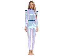 Fldy Costume d'extraterrestre pour femme - Body spatial - Combinaison d'astronaute métallique - Combinaison intégrale - Pour cosplay, Halloween, carnaval, fête - Argent brillant - Taille M