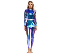 Fldy Costume d'extraterrestre pour femme - Body spatial - Combinaison métallique intégrale - Pour cosplay, Halloween, carnaval, fête - Bleu - Taille M