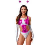 Fldy Costume d'extraterrestre pour femme - Costume Space Girl - Argenté - Holographique - Body Alien - Serre-tête d'Halloween - Carnaval - Tenue de fête - Rose foncé - S