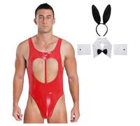 Fldy Costume Sissy Bunny pour homme avec oreilles de lapin - Serre-tête en cuir verni - Body nœud papillon - Manchettes - Drag Queen - Tenue de fête - Rouge - Taille 3XL
