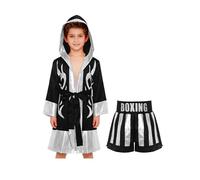 Fldy Costumes De Boxe pour Garçons avec Robe De Boxeur À Capuche Ensemble De Shorts MMA Uniforme De Boxeur pour Halloween Noir Argent 5-6 Ans