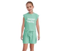 Fldy Enfants Filles Ensemble Sportif Pièces Été Tshirt Manches Courtes Imprimé Lettres Avec Short Set Tenue Active Survêtement Vert 9-10 ans