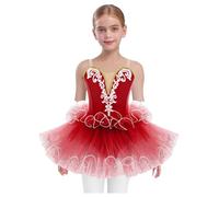 Fldy Enfants Filles Paillettes Tutu De Ballet Robe sans Manches Costume De Ballerine Lac des Cygnes avec Accessoires pour La Tête Tenue De Danse De Spectacle Rouge 5-6 Ans