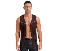 Fldy Gilet en daim pour homme - Gilet à franges sans manches - Gilet de cowboy indien avec franges - Style rétro bohème - Tenue hippie - Festival - Costume de carnaval, kaki, XL