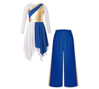 Fldy Robe De Danse De Louange pour Jeunes Filles en Métal Manches Longues Tunique Liturgique Asymétrique pour Culte en Église Combinaison De Tuniques Et De Pantalons Bleu 5-6 Ans