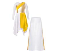Fldy Robe De Danse De Louange pour Jeunes Filles en Métal Manches Longues Tunique Liturgique Asymétrique pour Culte en Église Combinaison De Tuniques Et De Pantalons Jaune 11-12 Ans