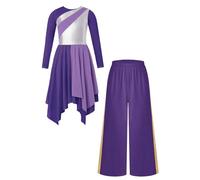 Fldy Robe De Danse De Louange pour Jeunes Filles en Métal Manches Longues Tunique Liturgique Asymétrique pour Culte en Église Combinaison De Tuniques Et De Pantalons Violet 13-14 Ans