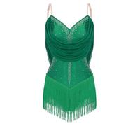 Fldy Robe de danse latine à franges pour femme - Sans manches - Paillettes - Justaucorps à franges - Salsa, Samba, Cha Cha - Salle de bal Foxtrot - Costume de danse, vert, S