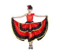 Fldy Robe De Flamenco Espagnole pour Petites Filles Asymétrique À Épaule en Gradin avec Volants Costume De Danse Folklorique avec Coiffure Habillement De Danse 360 degrés 11-12 Ans