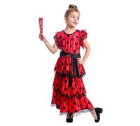 Fldy Robe de flamenco pour fille avec compartiments et ceinture - Vêtements de danseuse de flamenco pour carnaval, Halloween, fête, rouge, 110-116