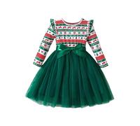 Fldy Robe de Noël pour bébé fille - Manches longues - Tutu - Tulle - Robe de princesse - Ligne A - Avec nœud papillon - Pour l'hiver - Fête de Noël, Arbre vert, 92-98